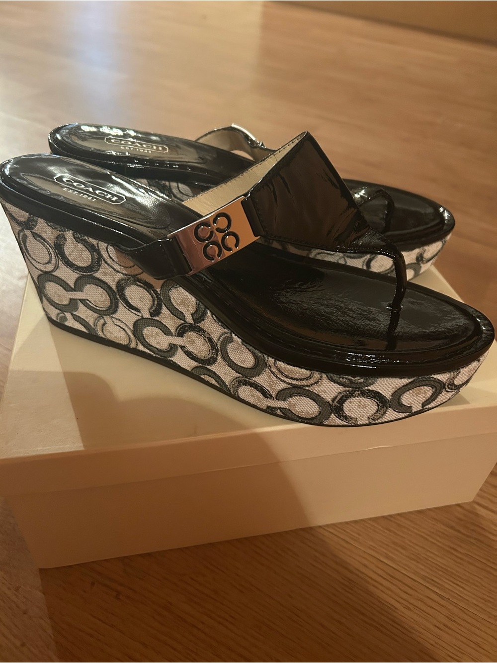 Coach Black Patent Logo Print Wedge Thong Sandals